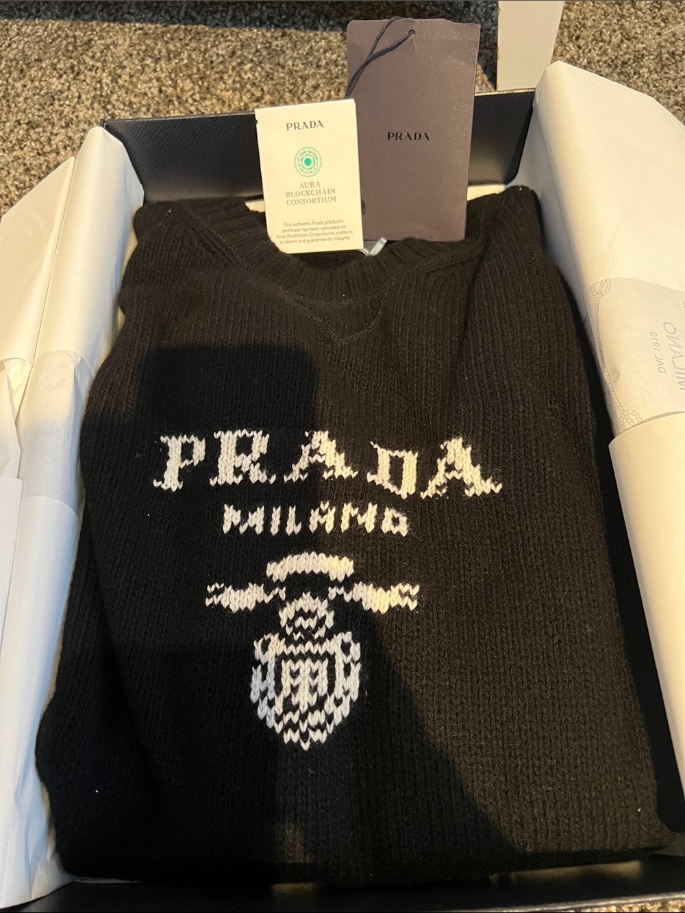 Prada Black V-Neck Knit Sweater with White Logo